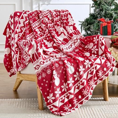 Edenleaf Christmas Blanket Soft Cozy Fleece Throws with Snowman Snowflake Reindeer and Xmas Trees Print, Fuzzy Warm Christmas Throw Blanket for Couch Bed Holiday Decorations Gifts 60"x80" (Red)