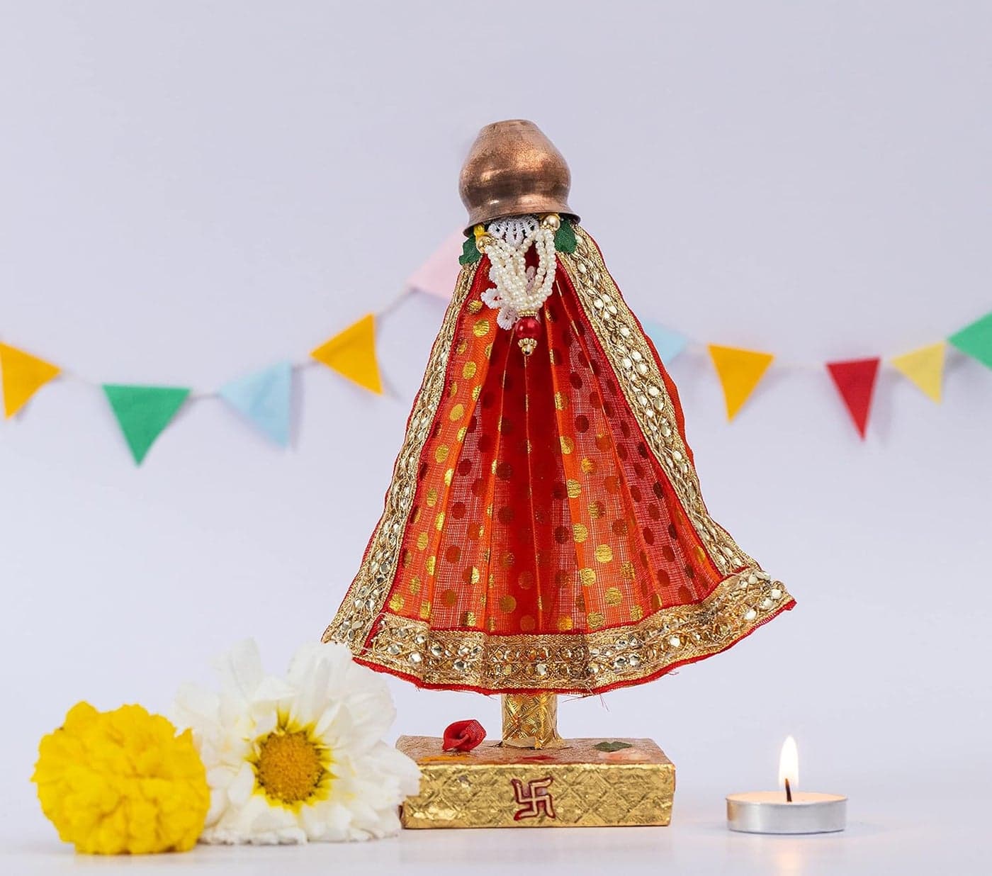 Punyatva Readymade Gudhi Orange Medium Maharashtrian Festival Gudi Padwa StandGudiPadwa Decoration Showpiece with Copper Vessel MediumGudhiPadwa GiftGudhi Padawa Dcor
