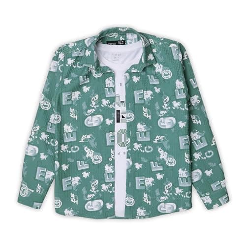 CAVIO Boys Green Typographic Print Full Sleeve Cotton Regular Fit Shirt with T-Shirt, 9 Years-10 Years