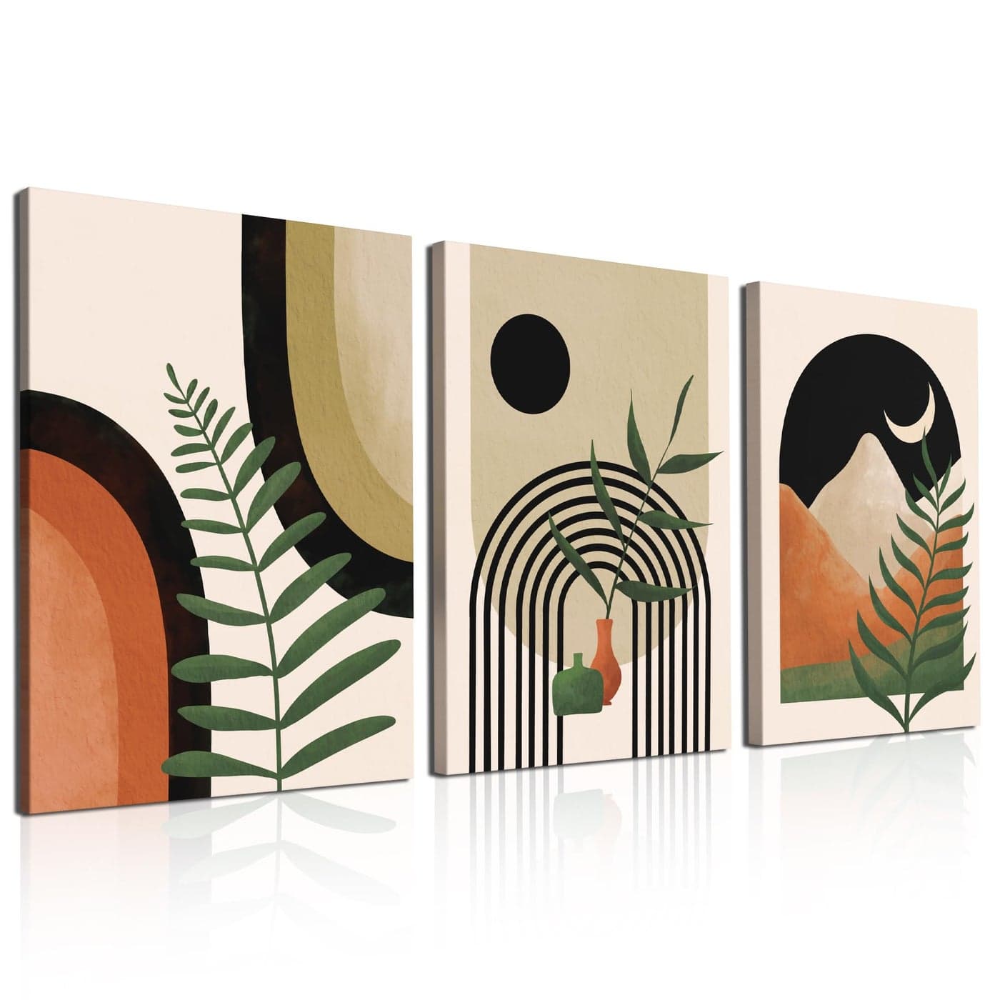 Gisipameis Boho Wall Art Set of 3 Mid Century Modern Art Room Decor Neutral Abstract Geometric Prints Black Beige Botanical Framed Canvas Print Ready to Hang for Living 12x16inch
