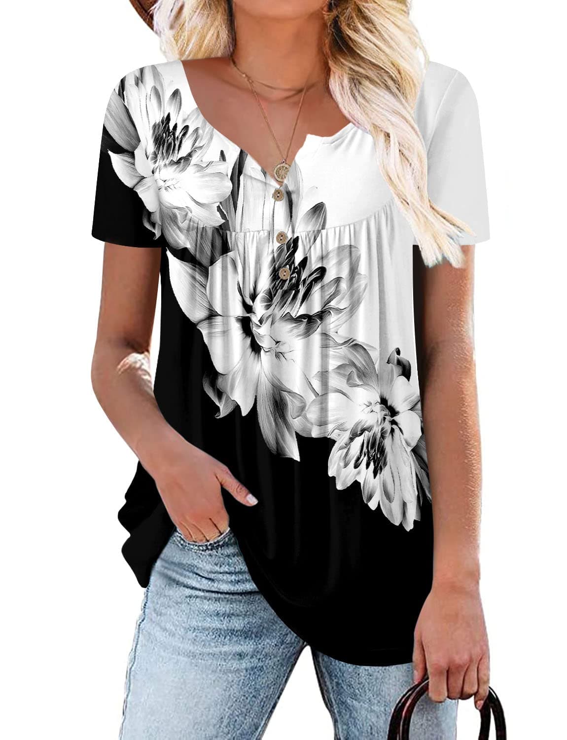 ROSELINLIN Short Sleeve Shirts for Women Black White Contrast Color V Neck Blouse Ladies Tunic Tops L