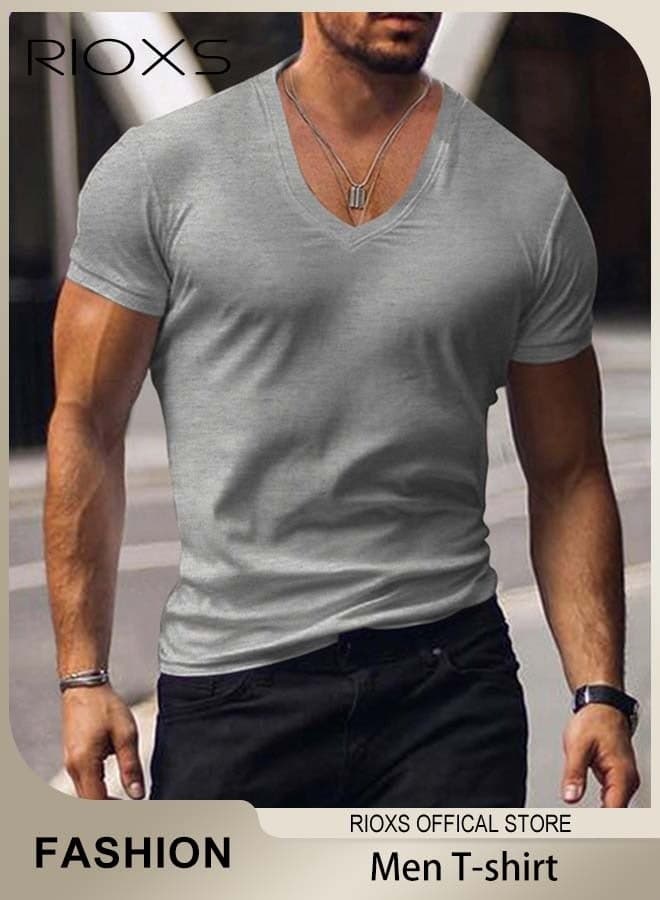 Men's V-Neck Short Sleeve T-Shirt, Slim Fit Basic Summer Tees, Stretch Fitness Workout Tops, Casual Beach Shirts, Breathable Quick Dry Gym Athletic T Shirt for Men, Fashion Tee Top for Daily Wear, Work, Leisure, Sports, Streetwear and Going Out, etc. Grey