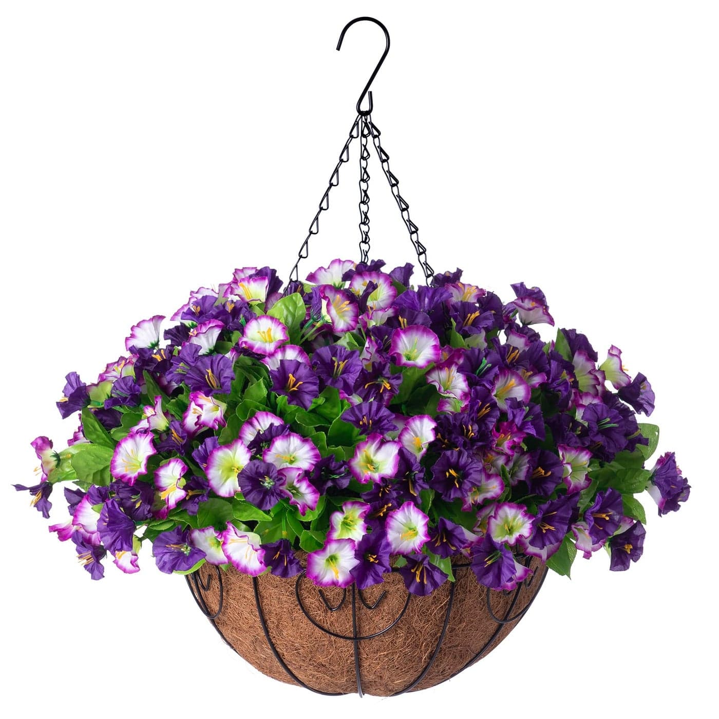 Ammyoo Artificial Hanging Flowers 12 inch Basket Faux Silk Petunias Flower ArrangementCoconut Lining Pot Planter with Morning Glories Patio Garden Porch Deck Spring Summer DecorPurple Edge