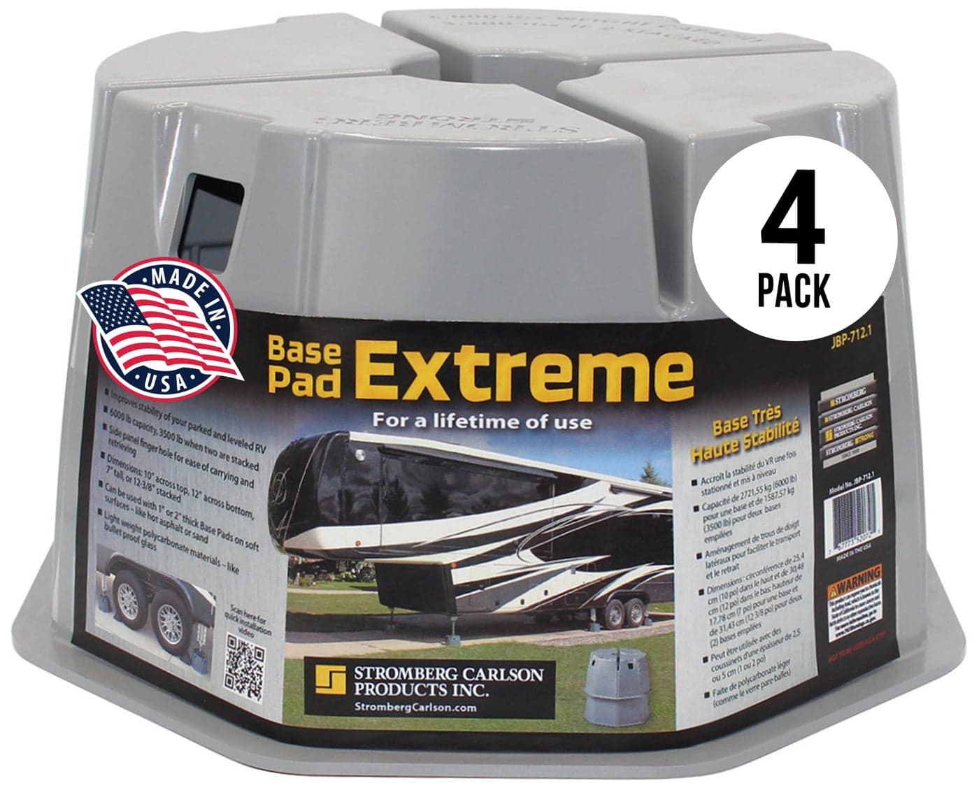 Stromberg Carlson JBP-712.4 Base Pad Extreme, RV Jack, Trailer Leveling & Stabilization, RV Utility, Camper Jack and Trailer Lift Blocks - 7 Inches Height, 6000 lbs Capacity, 4 Pack Gray