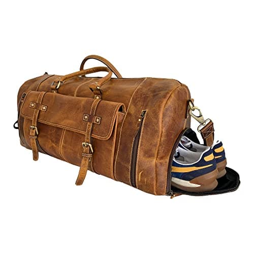 KomalC Leather Duffel Bags for Men and Women Full Grain Leather Travel Overnight Weekend Leather Bags Sports Gym Duffel for Men (Tan, 24 Inch)