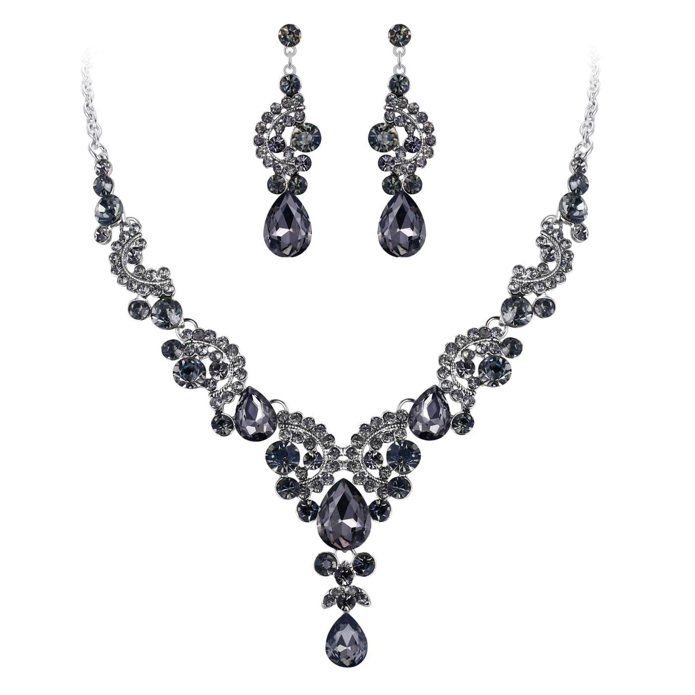 EVER FAITH Rhinestone Crystal Bridal Floral Wave Teardrop Necklace Earrings Set Grey Silver-Tone