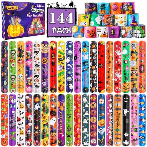 LUYI 144 PCS Halloween Slap BraceletsHalloween Party Favors Supplies for Kids108 Different Designs Bracelets Bulk for Halloween Decorations Treat Toys Bag Stuffers Gift for Kids Girls Boys