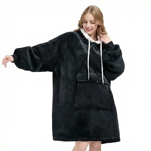 Qeils Wearable Blanket Hoodie for Women, Comfy Sherpa Sweatshirt Blanket as Birthday Christmas Gifts, Oversized Pullover Jacket Blanket Hoodie for Adult (Carbon Black, Adult)