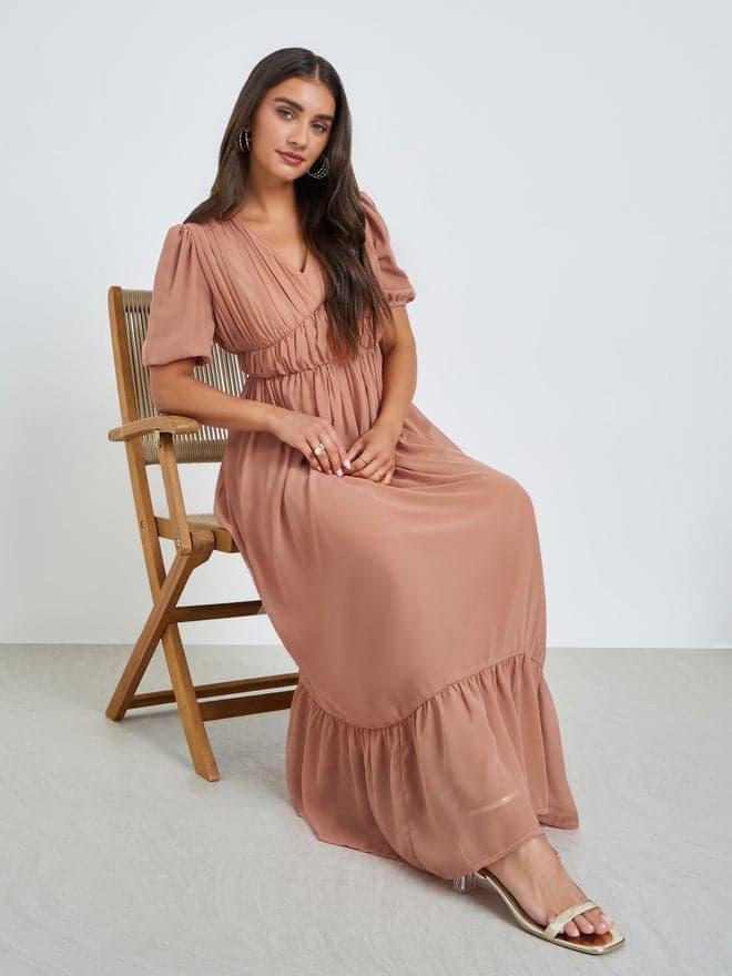 Styli Peach Ruched A-Line Maxi Dress