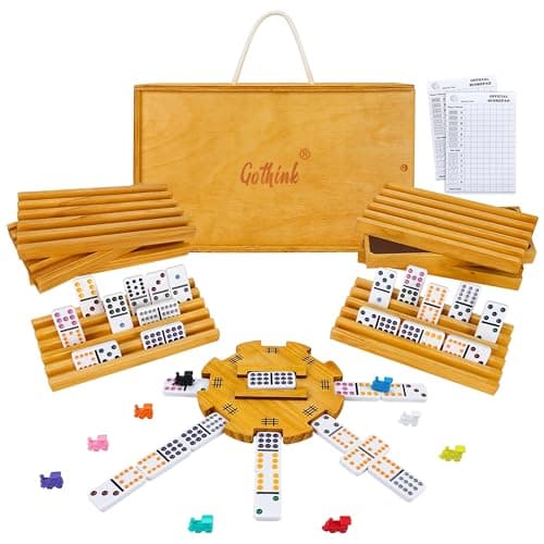 GOTHINK Mexican Train Dominoes Set Double 12 Dominos Set for Kids Adults and Family Dominoes Tile Board Game with Tiles Holders8 Colorful Metal Trains9 Wooden Hub Scoreboards2 Wooden Case