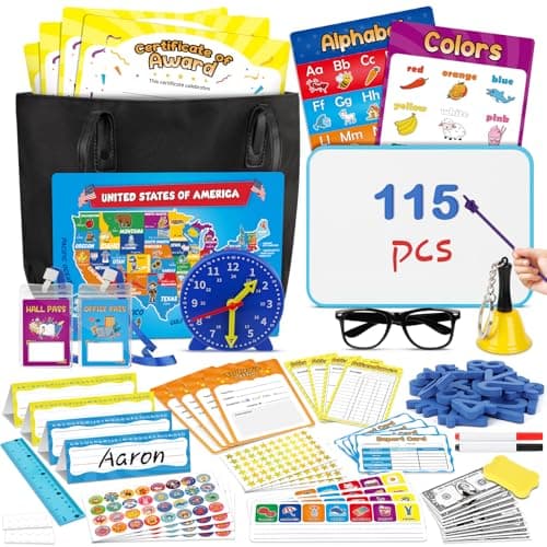 SkilLify Pretend Play Teacher Set for Kids Classroom Role Playset with Whiteboard Magnetic Numbers Alphabet Posters USA Maps Money Games Teacher Supplies Educational Toys Gift for Boys Girls