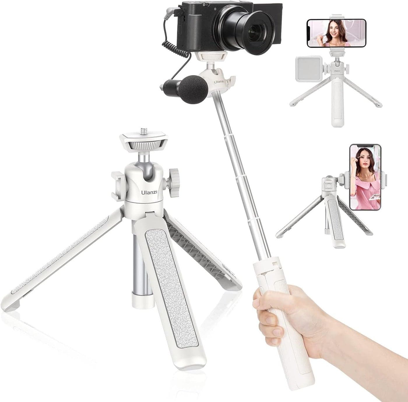 Ulanzi MT-42 Camera Tripod Mini Tabletop Tripod Selfie Stick with Cold Shoe,Travel Tripod for Phone 12 Canon G7X Mark III Sony ZV-1 RX100 VII A6600 Vlogging Filmmaking Live Streaming White