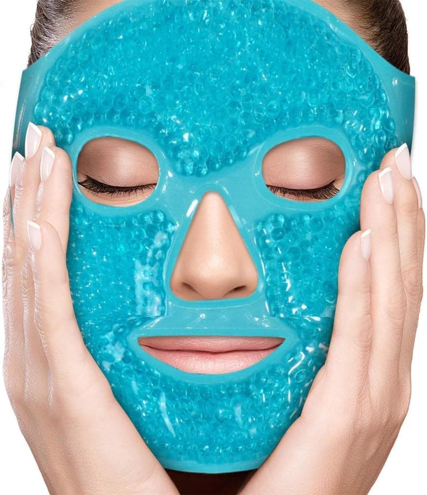 Snivy Ice Face Mask for Women Hot Cold Therapy Gel Bead Full Facial Gel Mask Cold Eye Pack with Eye Hole Plush Backing for Migraine Headache Stress Relief