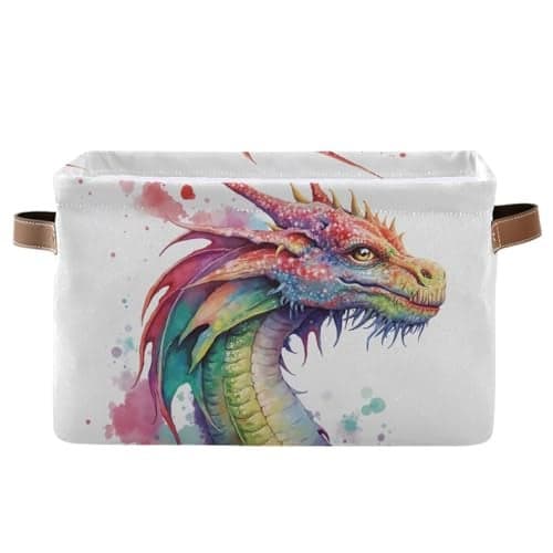 BOENLE Large Storage Basket Watercolor Dragon Cube Storage Bin Canvas Fabric Organizer Handles Collapsible for Clothes Toys Bedroom Decorative
