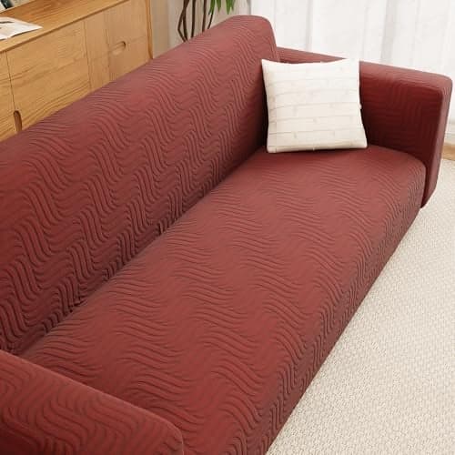Lukzer 3 Seater Pastel Deep Maroon Ripple Lines Pattern Sofa Cover | 240 GSM Universal Stretch Fit Jacquard Fabric Couch Protector | Fully Covered Anti Slip & Washable Sofa Cover | 180-230cm/SC-165-03