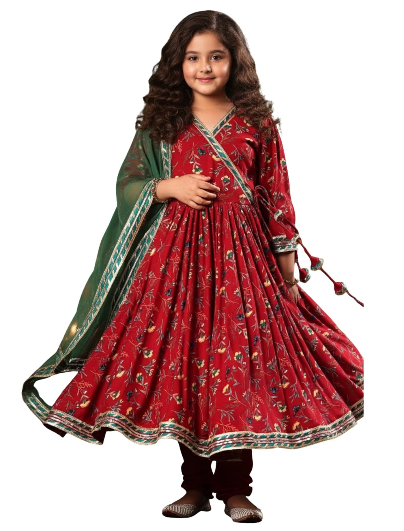 Naixa Girl's Rayon Blend Floral Pattern Anarkali Dress Payjama Dupatta Set with 3/4 Sleeve V- Neck and Drawstring Closure Type| Kurta Sharara Set for Girl's