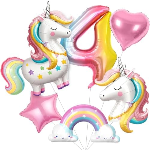 SNLN Unicorn 4th Birthday Party Decorations for Girls Large Self Standing 3D Unicorn Foil Balloons with Rainbow Heart Star Balloons Wedding Baby Shower Pink Party Supplies number 4 set
