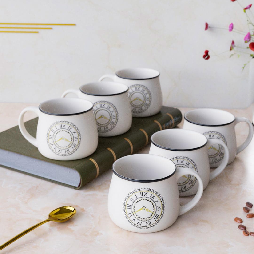 The Earth Store Cup Oclock Tea Cup Set of 6200ml Each Capacity Clock Print Microwave and Dishwasher Safe Ceramic Tea Cup Ideal for Home Office Parties Birthday Gift Chai Cups