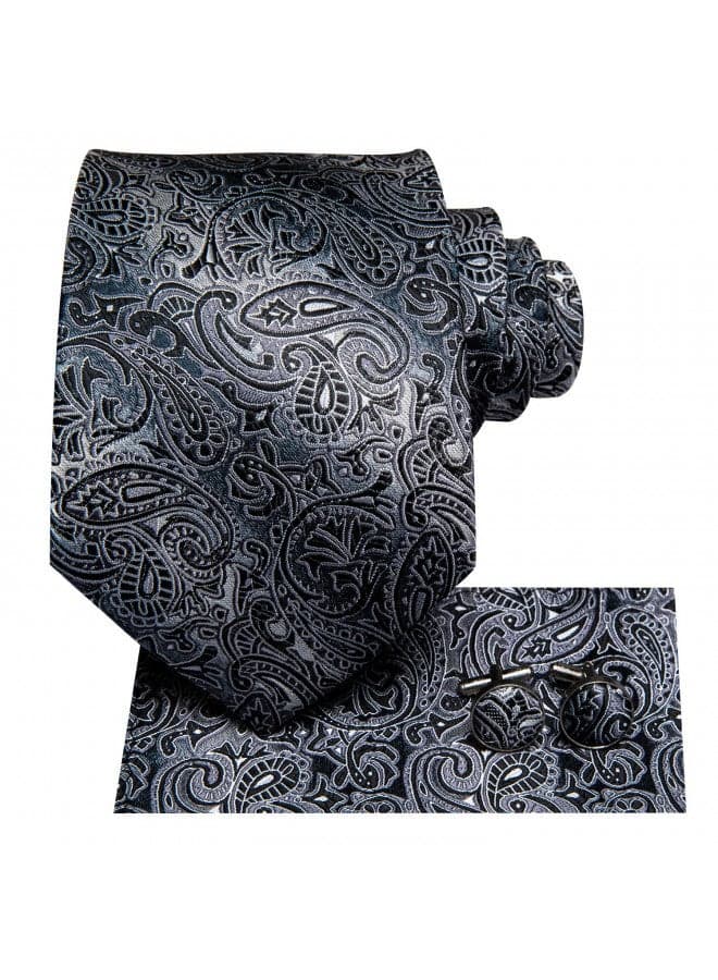 Hi-Tie Men 63inches Tie Set Extra Long Necktie Paisley Tie Pocket Suqare Cufflinks Big and Tall Men Tie,Black Grey
