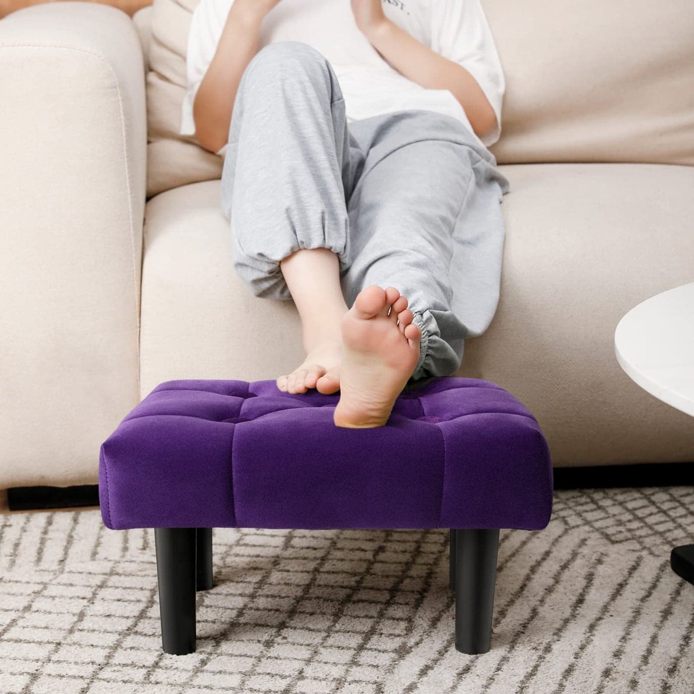 HOUCHICS Small Footstool Ottoman Velvet Wooden Foot Stool Ottoman with Wood Legs Sofa Footrest Extra Seating for Living Room Entryway OfficePurple 1PACK
