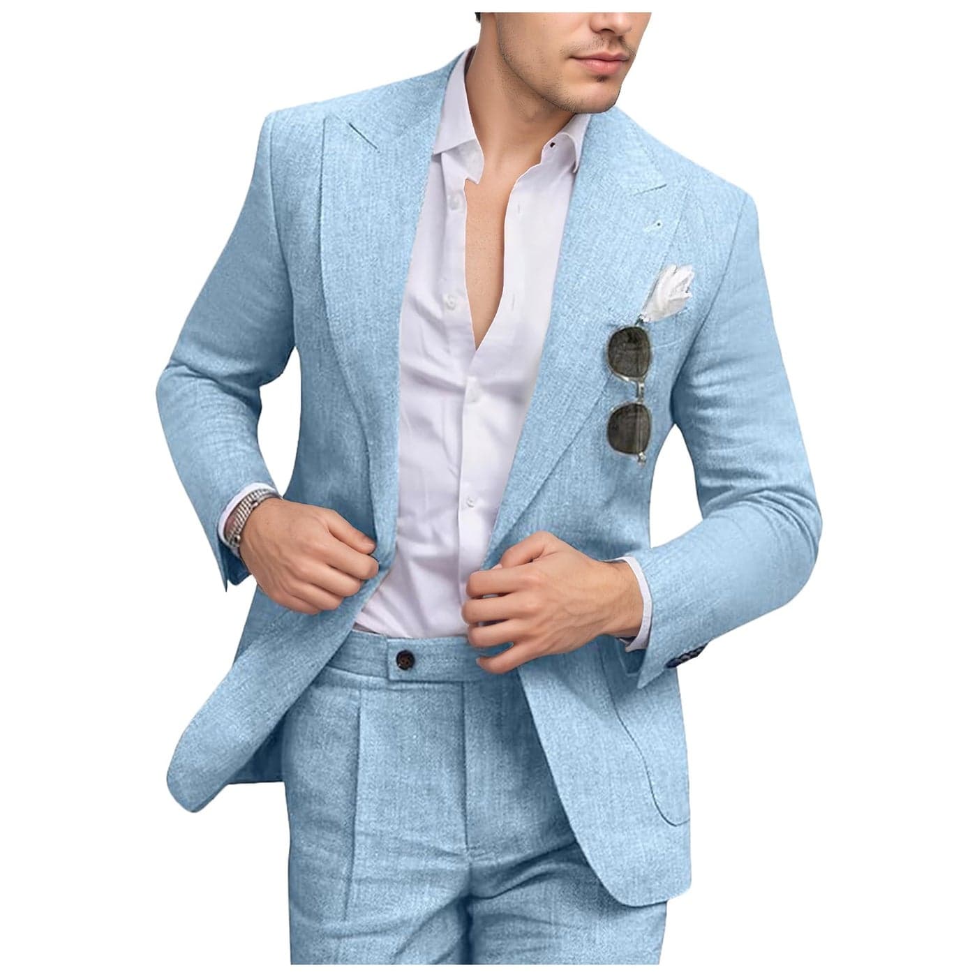 Linen Men Suit Slim Fit 2 Piece Summer Beach Wedding Suits Light Blue Casual Suit Blazer Pants Set for Groomsmen M