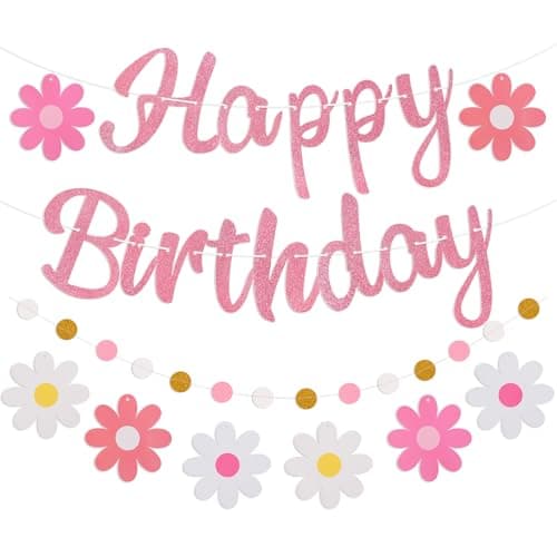 Danadia PreStrung Happy Birthday Banner NO DIY Birthday Decorations with Circle Dot Garland and Flowers Happy Birthday Party Decorations for Women Girls Pink