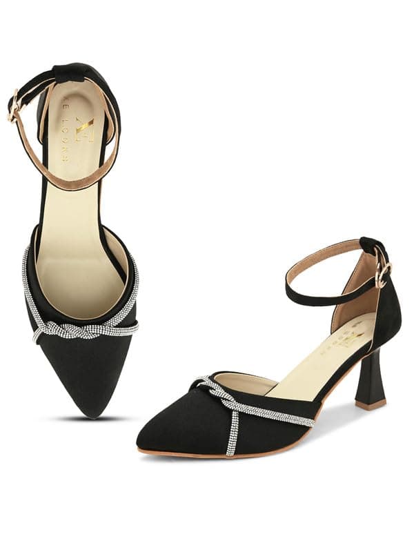 XE Looks Black Women's Fashion Sandals | Faux Leather Attractive and Trendy Block Heel | or Wedding Occasion Heel Height 3inch| For Women & Girls