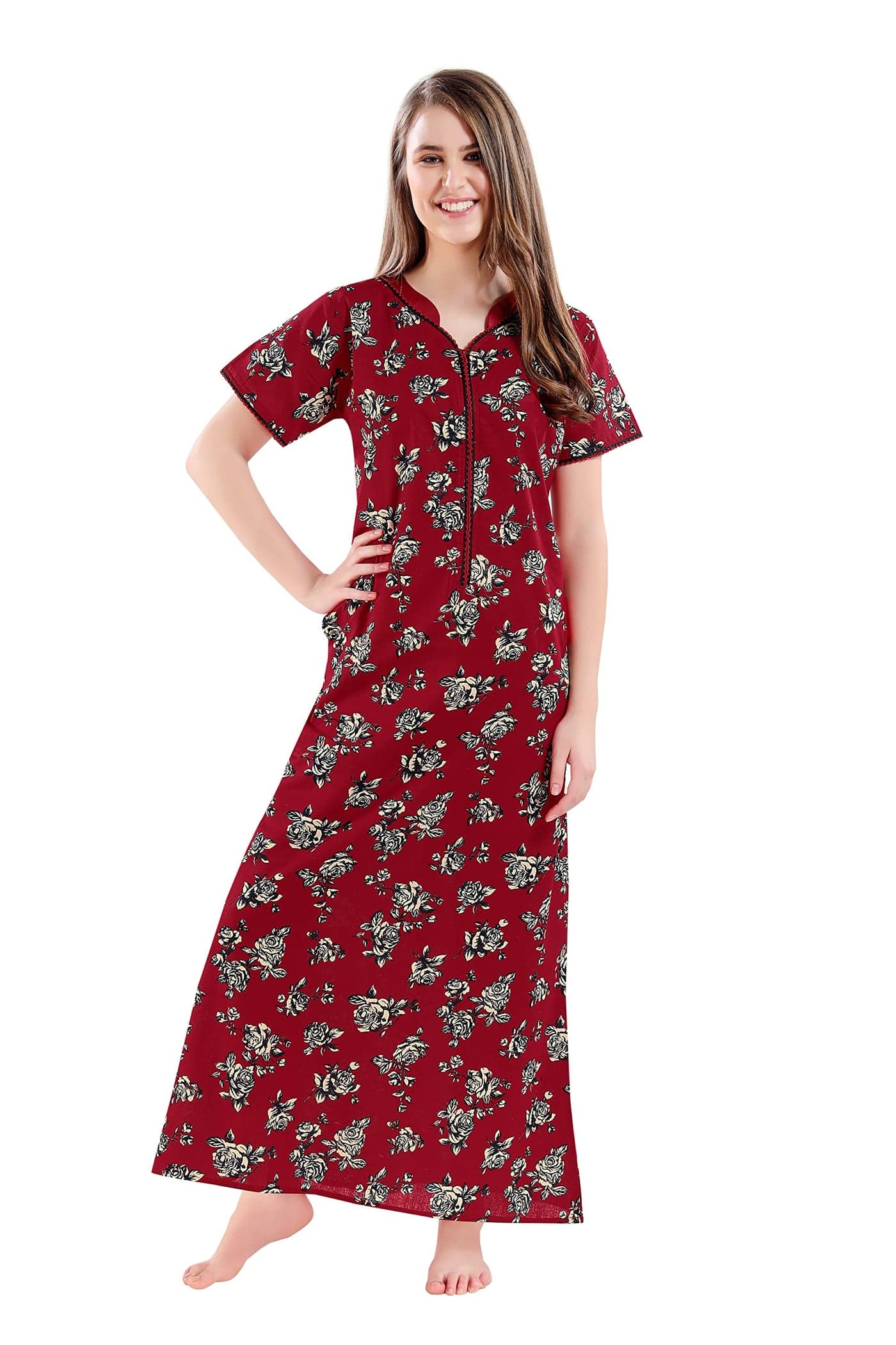 AV2 Women Printed Cotton Nightwear Nighty|Womens Night Wear Maxi Red X-Large 7209
