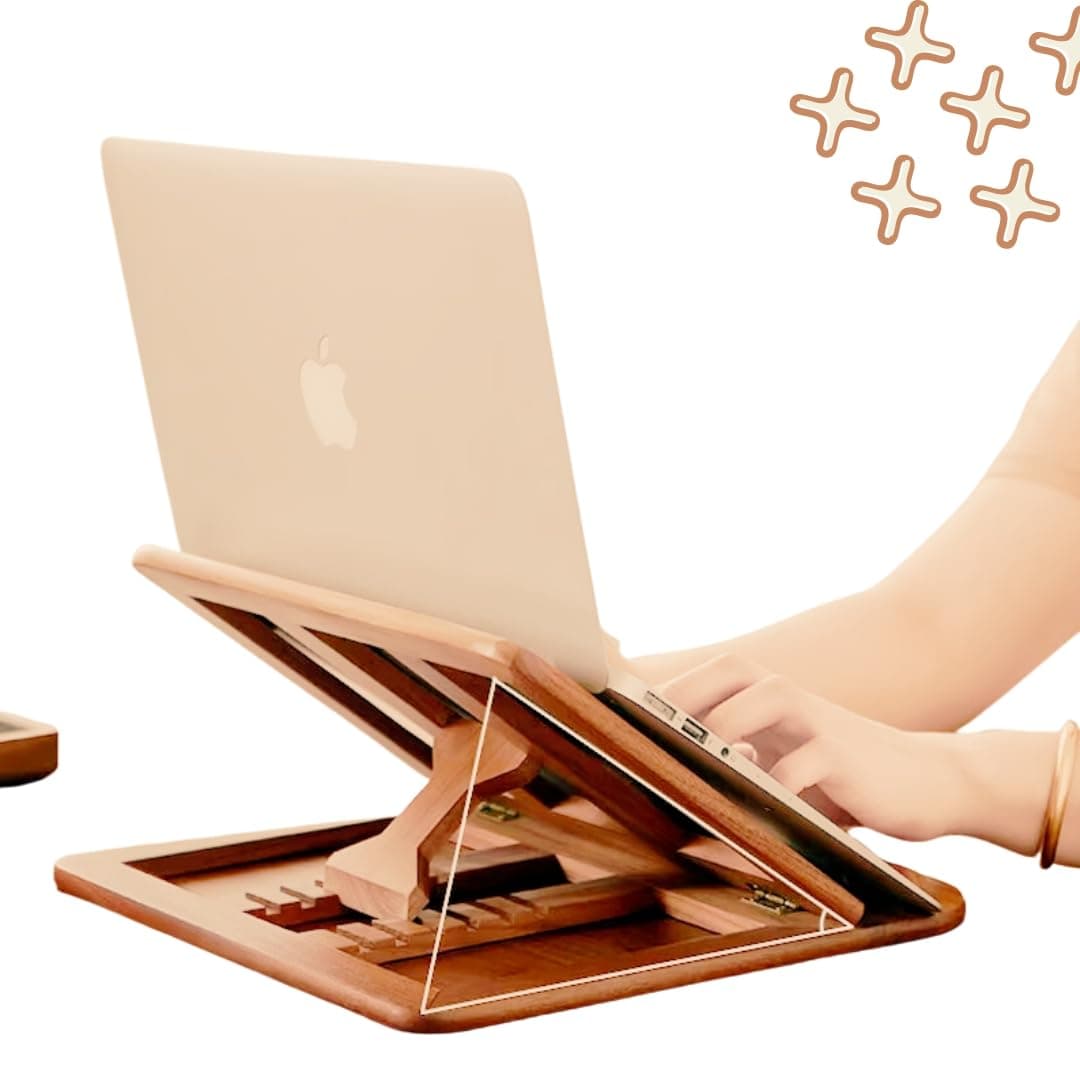 Artistic Gifts Wooden Laptop Stand for Desk with Adjustable Height Foldable Riser for Laptop Compatible for for iPad MacBook Pro Notebook HP Dell Devices Up to 156 inches Natural