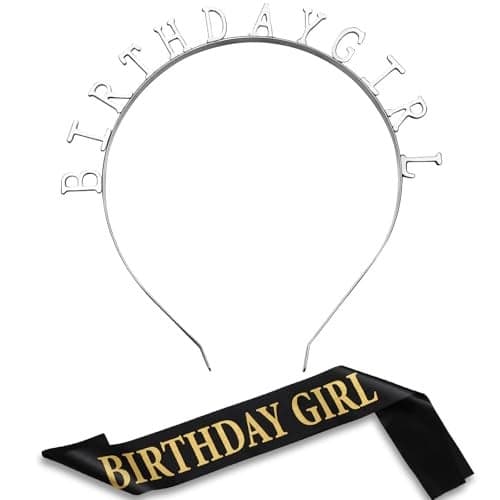 Zonon Birthday Headbands, Satin Sash, and Tiara Crown for Girls Women Party Supplies (Silver Style)