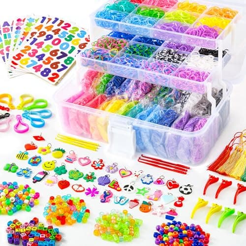 INSCRAFT 17500 Rubber Loom Bands with 3 Layer Transparent Container 28 Colors 600 SClips 352 Beads 40 Cartoon Pendant Bracelet Making Refill Kit for Kids