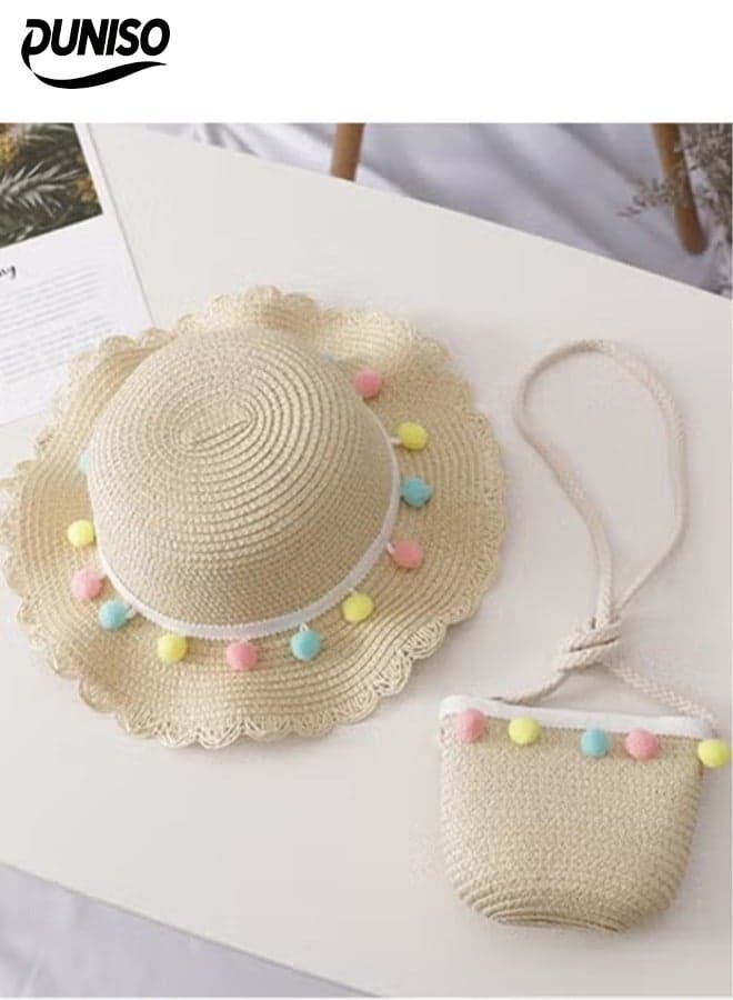 2 Pcs Summer Hat Bag Set,Girls Summer Straw Hat with Shoulder Bag Set,Wide-brimmed Hat with a Floral Ribbon and a Soft Woven Straw Shoulder Bag,for Beach, Travel, and Outings for Girls