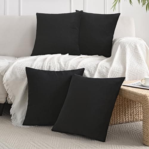 JELLYMONI Velvet Throw Pillow Covers Set of 4, 18 x 18 Inch Black Decorative Cushion Covers, Soft Square Pillowcases for Sofa, Couch, Bed – No Insert Included