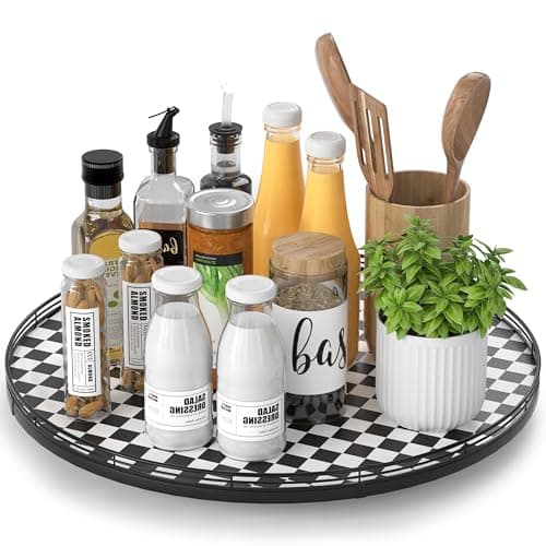 18" Black and White Kitchen Lazy Susan Turntable, Round Checkered Decorative Tray, Large Lazy Susan for Dining Table Centerpiece, Pantry, Kitchen, Bathroom, Countertop, Cupboard, Home Decor