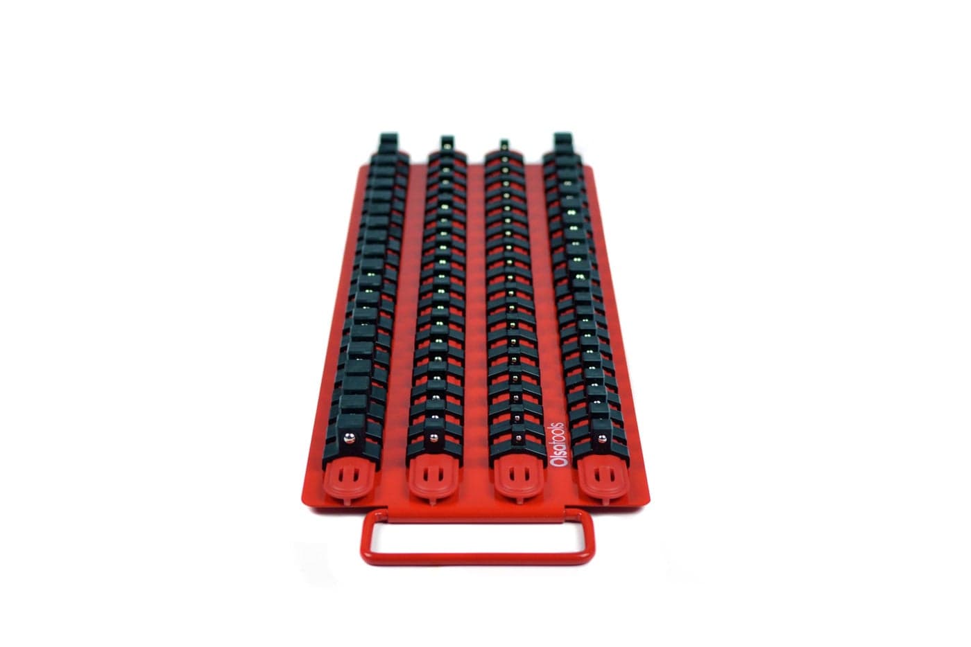 Olsa Tools Socket Organizer Tray Portable Red Rail with Black Clips Stores 80 Sockets Securely ProfessionalGrade Socket Holder Part 1047