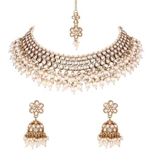 I Jewels Gold Plated Traditional Kundan Pearl Choker Necklace with Earrings & Maang Tikka for Women (K7307W)