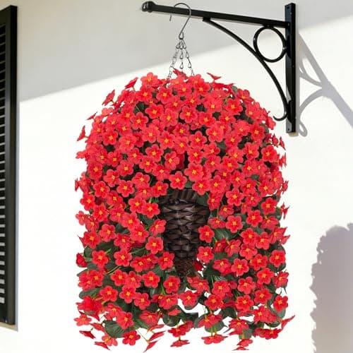 MJFloria Artificial Hanging Flowers with Baskets for Decor, Fake Silk Red Hanging Daisy Orchid Flowers Plants, Faux Flower Centerpieces for Home Indoor Outdoor Garden Patio