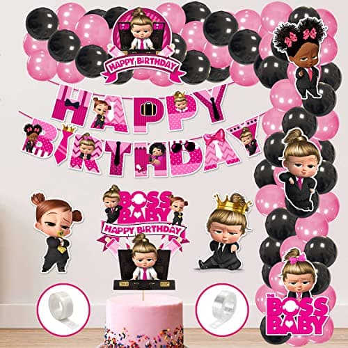 Zyozique Girl Boss Baby Theme Balloon Arc Decoration, Girl Boss Baby Birthday for Girls with Happy Birthday Paper Banner Cardstock Cake Toppers Balloons Birthday Decoration Kit (Pack of 60)