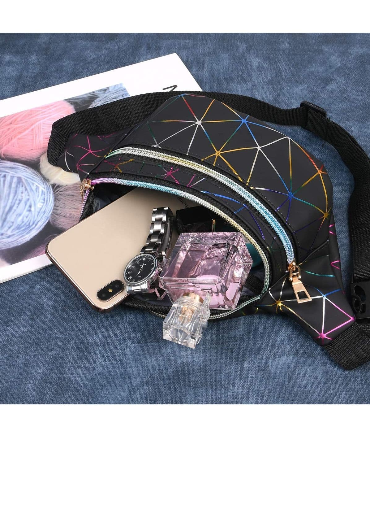Waist Bag, Holographic Pack with PU Leather, Shiny Belt Bag Festival Rave Bumbags 1 Business Card Holder for Ladies Travel Party Sports Running Hiking(Black)