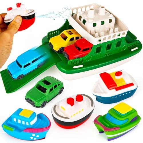 ArtCreativity Ferry Boat Bath Toy for Toddlers 9 Pcs Baby Bathtub Floating Water Toy with 4 Mini Cars 4 Squirter Animals Lights Sounds for Imaginative Play Kids Birthday Gift Party Favor
