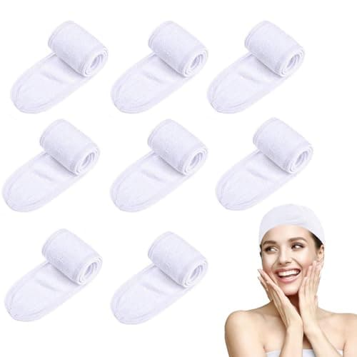 White Elastic Terry Cloth Spa Headband 8 Pack Facial Head Wrap band Washable Makeup Headband with Magic Tape