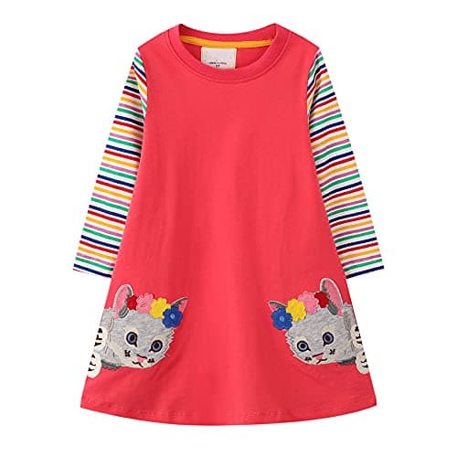 Toddler Girl Long Sleeve Dress Winter Spring Easter Cotton Casual Stripe Cat Applique Outfits Playwear Dresses 3T