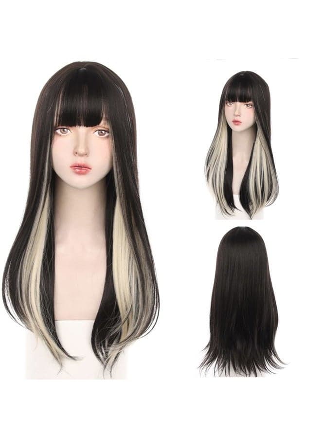 Black White Mixed Cosplay Wig Long Straight Hair Nature Anime Harajuku Style High Temperature Silk Wig for Adult Daily Wear Music Festival Themed Parties Halloween Wedding