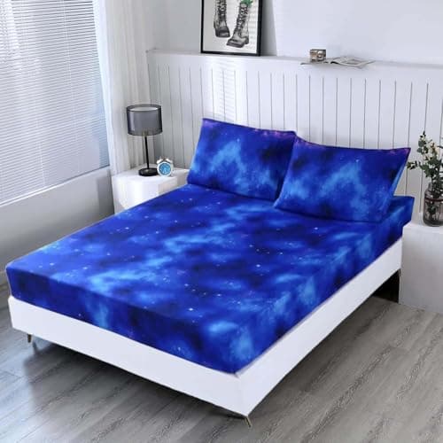 SDIII Blue Galaxy Fitted Sheet Full with 2 Pillowcases, Not Including Flat Sheet, Soft Microfiber Deep Pocket for Boys Girls Kids and Teens