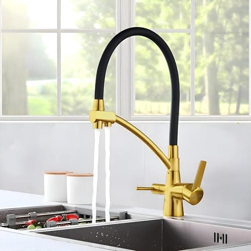 Plantex Pure Brass Kitchen Taps for Home Sink/3-in-1 Sink Mixer Tap with Built-in RO Outlet/360° Swivel Spout with Pull Down Kitchen Faucet-(Gold & Black)