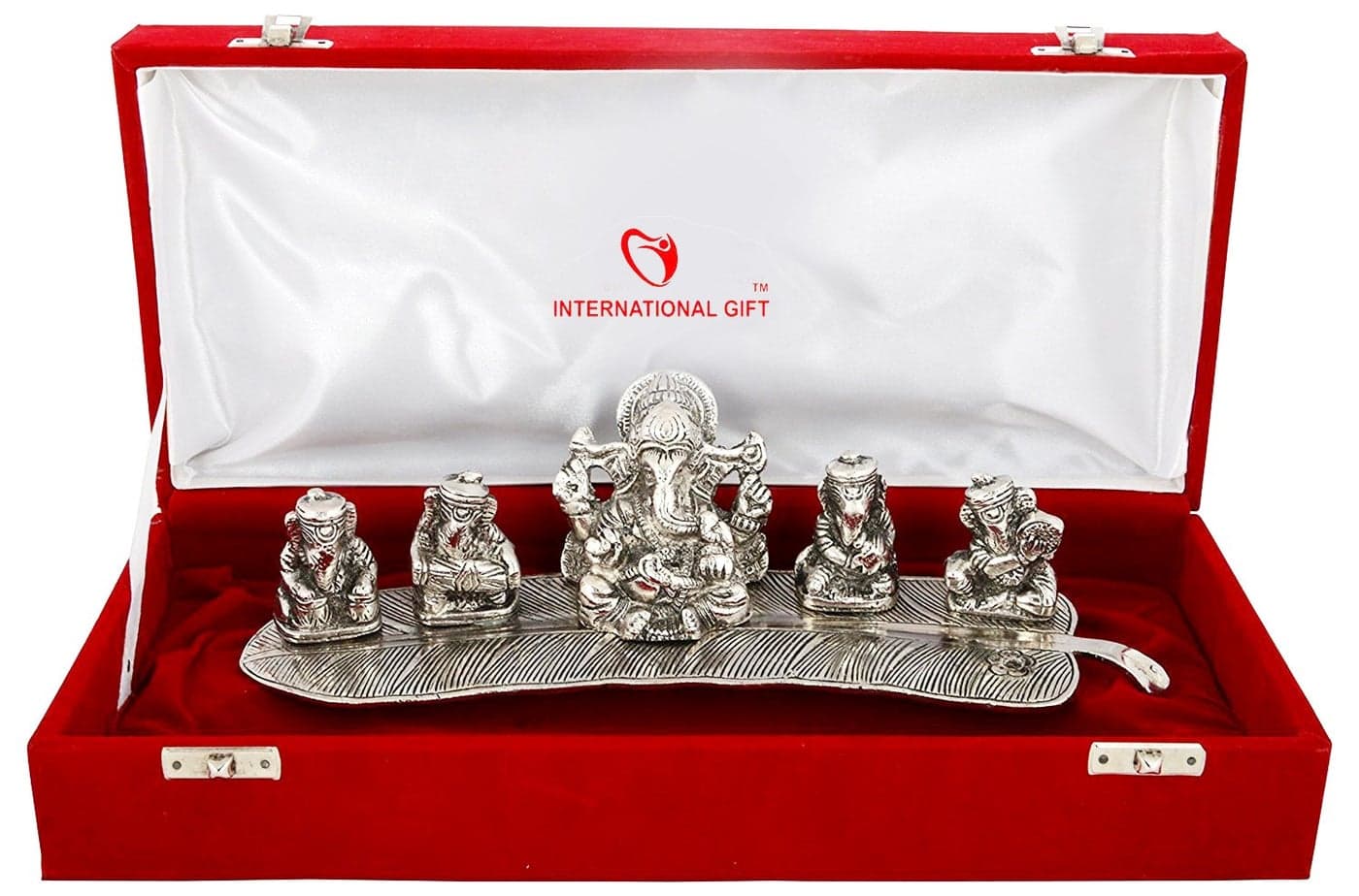 INTERNATIONAL GIFT® Silver Plated Musical Ganesh God Idol Statue Oxidized Finish with Beautiful Velvet Box Packing and with Carry Bag (8H x 28W x 6L Centimeters)