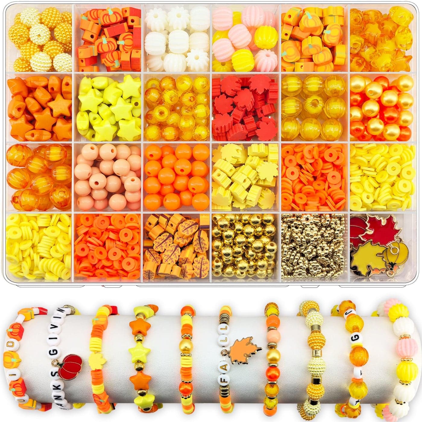 1470Pcs Fall Bracelets Kit Thanksgiving Fall Beads for Jewelry Making Autumn Maple Leaf Pumpkin Clay Beads Pearl Star Round Loose Spacer Heishi Beads for Necklace Earrings DIY Craft