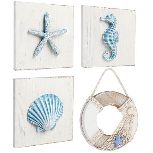 LotFancy Beach Wall Décor, 4 Pack, 3D Seashell, Starfish, Seahorse and Lifesaver Buoy Decorations on Wood Board, Rustic Ocean Coastal Themed Wall Art for Bathroom, Living Room, Bedroom (6“ x 6“)