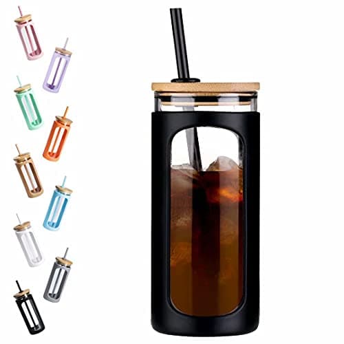 Kodrine 20oz Glass Water Tumbler with Straw and Lid Bamboo Lids Water Bottle Iced Coffee Cup Reusable Wide Mouth Smoothie Cups with Protective Silicone Sleeve BPA FREEBlack