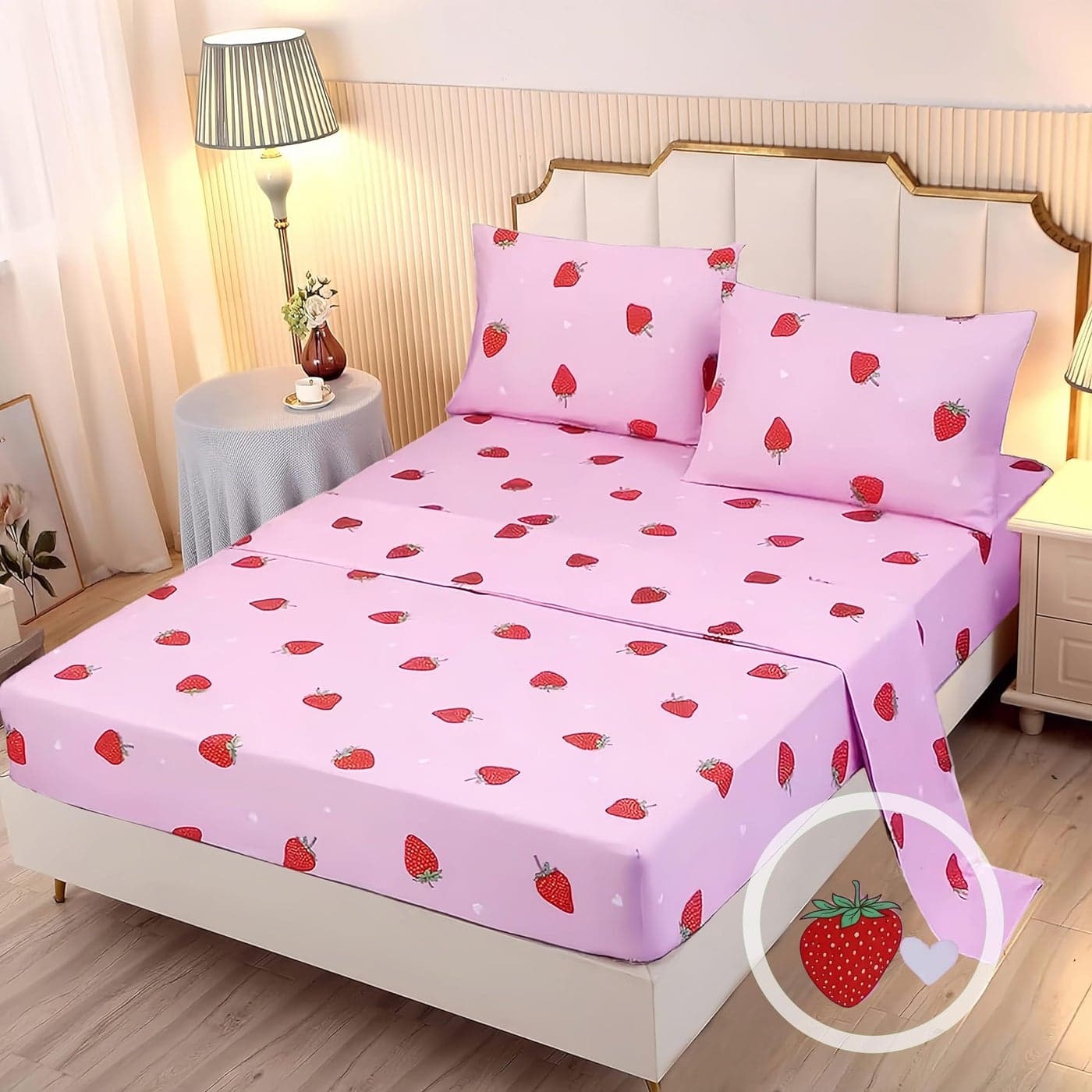 SDY 4PCS Strawberry Bed SheetsTwin Size RedPink White Kawaii Bedding Sheet Set with 1 Top Flat Sheet 1 Deep Pocket Fitted Sheet 2 Pillowcases for Teen Girls Home Decor